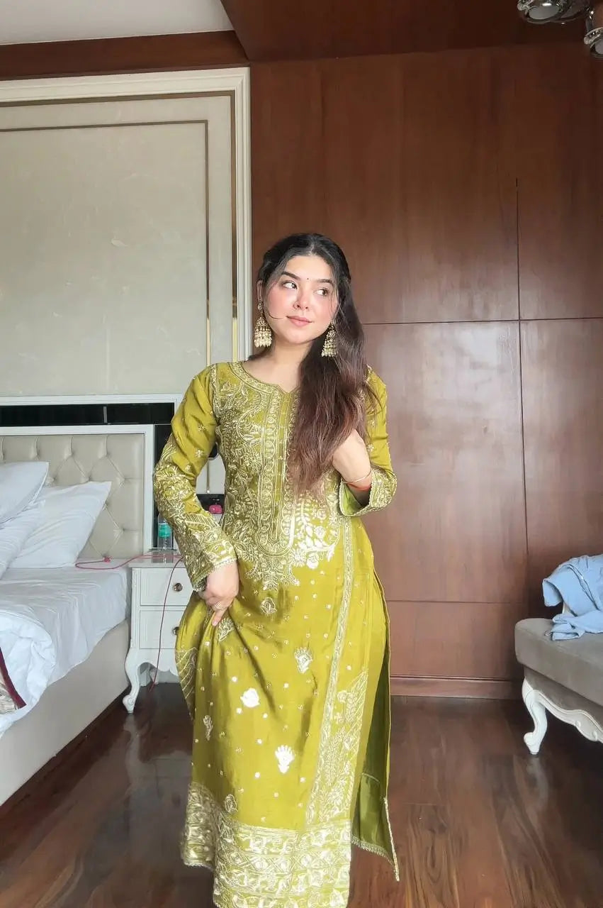 Chinon Embroidered Kurti Sharara Set with Dupatta for Festive and Wedding Wear
