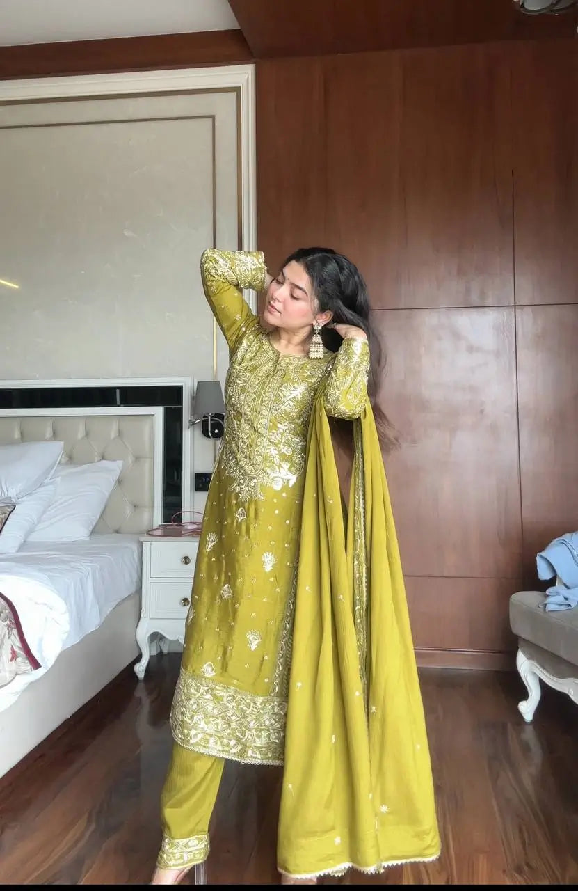 Chinon Embroidered Kurti Sharara Set with Dupatta for Festive and Wedding Wear