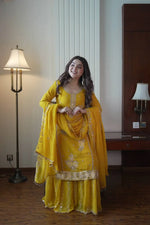 Chinon Embroidered Kurti Sharara Set with Dupatta for Festive and Wedding Wear