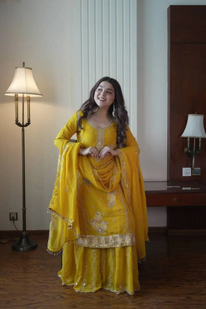 Chinon Embroidered Kurti Sharara Set with Dupatta for Festive and Wedding Wear