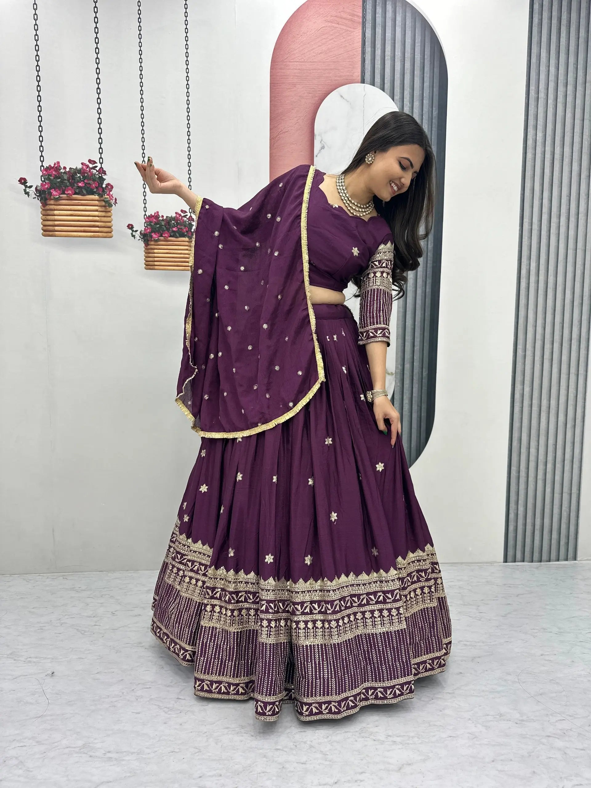 Chinon Embroidered Lehenga Choli Set with Dupatta