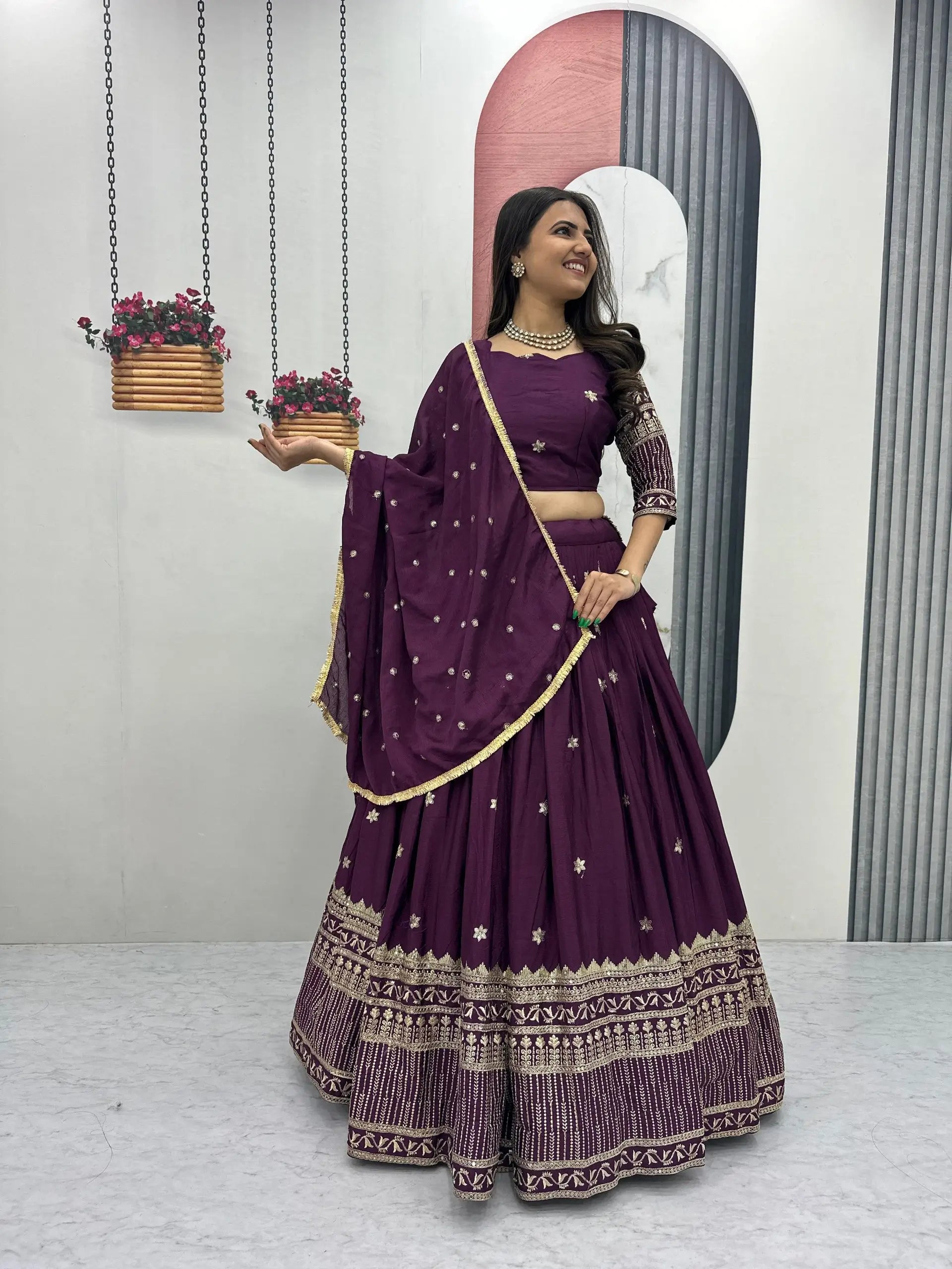 Chinon Embroidered Lehenga Choli Set with Dupatta