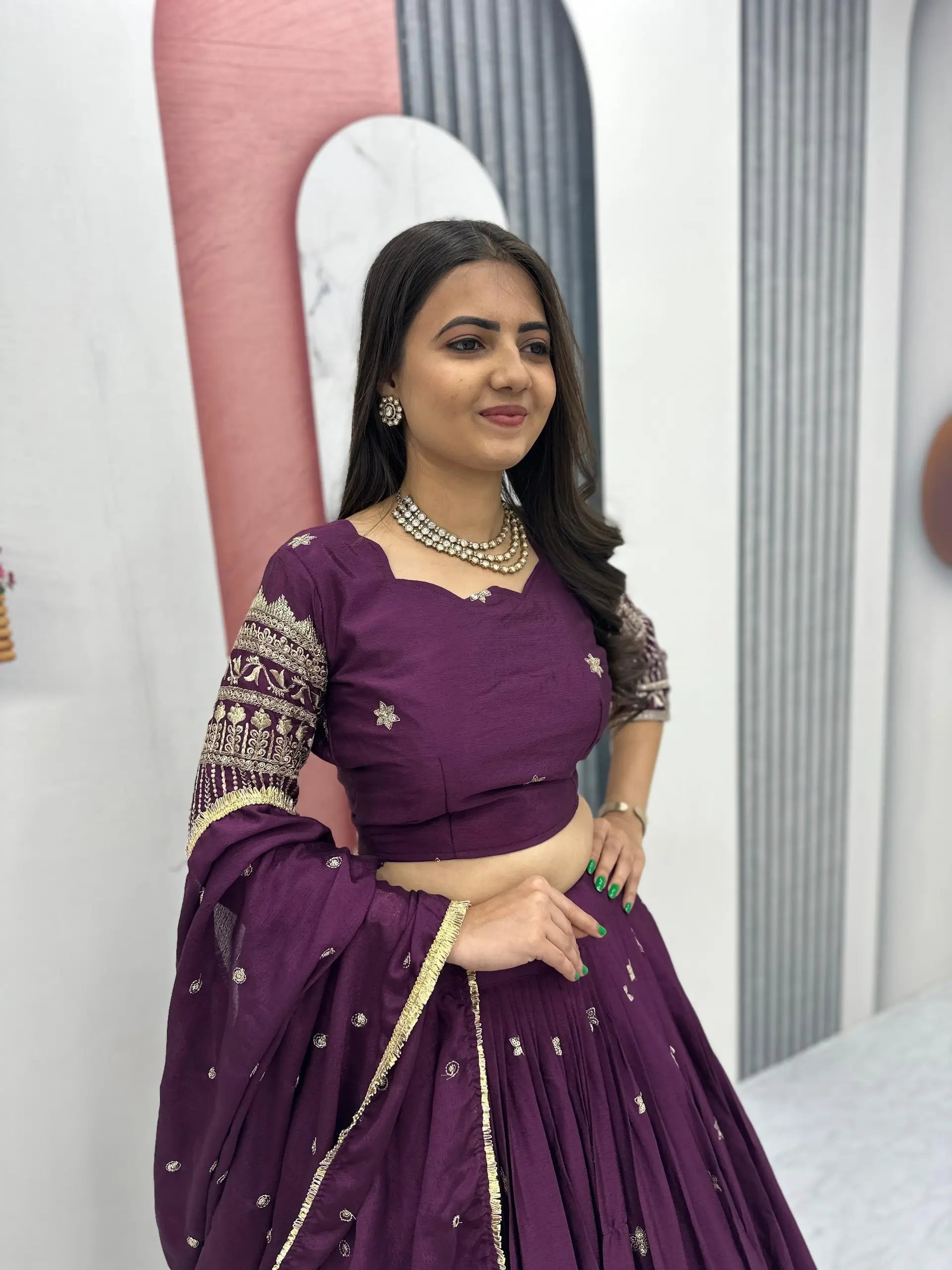 Chinon Embroidered Lehenga Choli Set with Dupatta