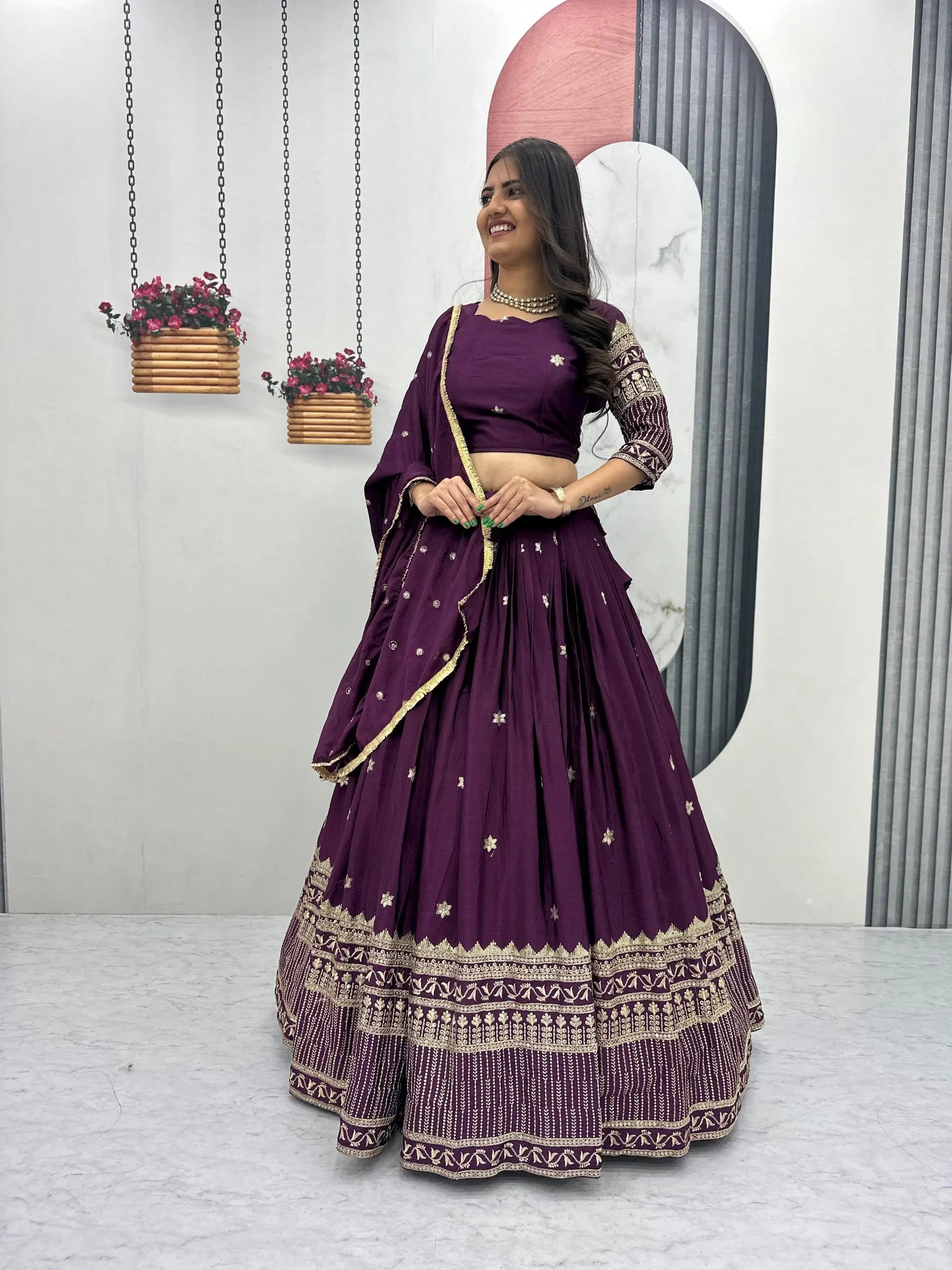 Chinon Embroidered Lehenga Choli Set with Dupatta