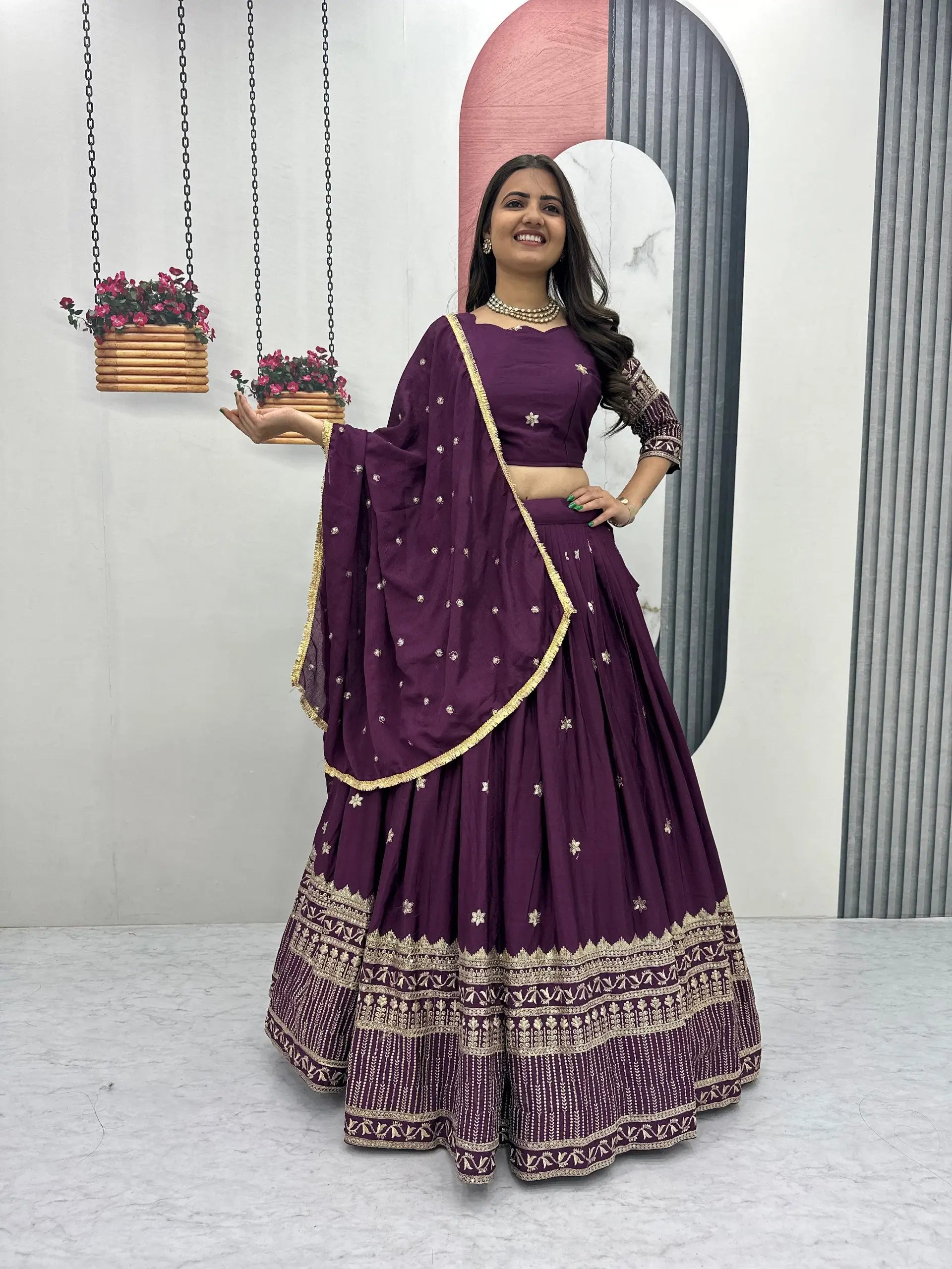 Chinon Embroidered Lehenga Choli Set with Dupatta