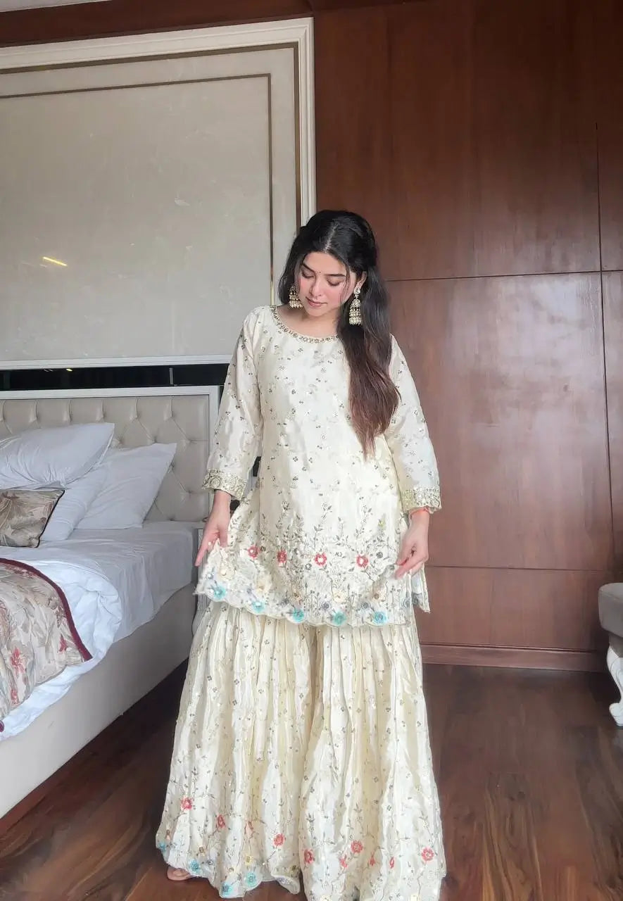 Chinon Embroidered Sharara Suit Set with Dupatta for Festive and Wedding Wear