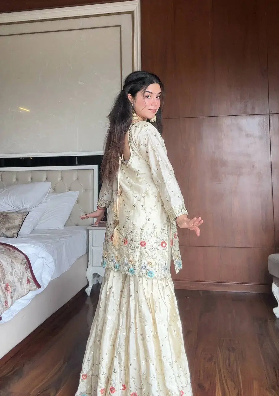 Chinon Embroidered Sharara Suit Set with Dupatta for Festive and Wedding Wear