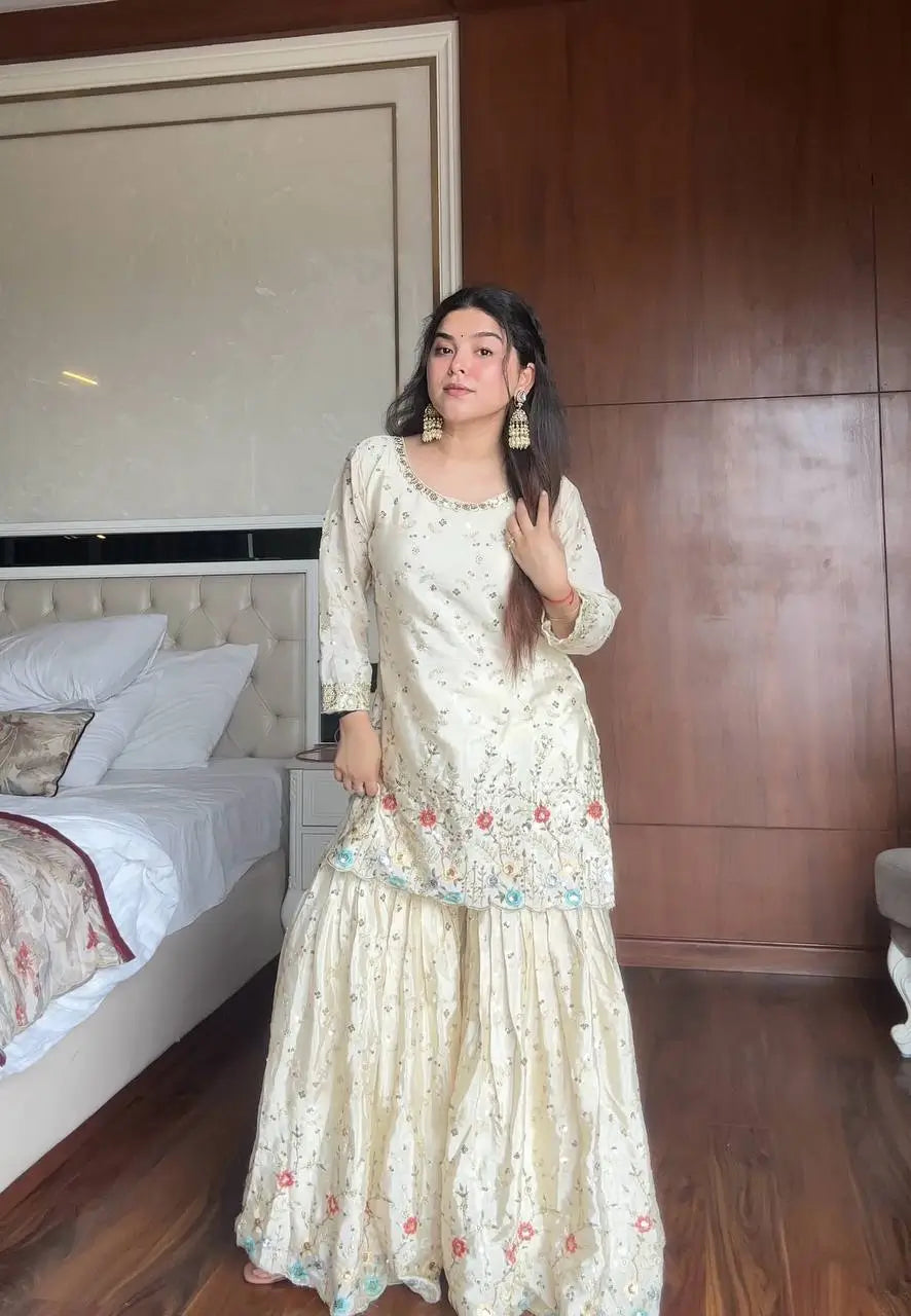 Chinon Embroidered Sharara Suit Set with Dupatta for Festive and Wedding Wear