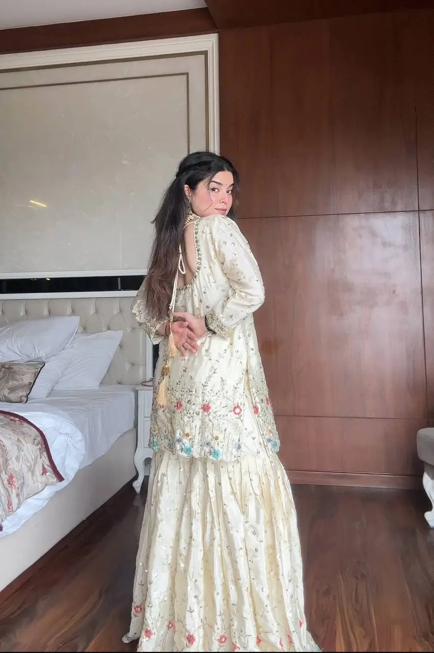 Chinon Embroidered Sharara Suit Set with Dupatta for Festive and Wedding Wear