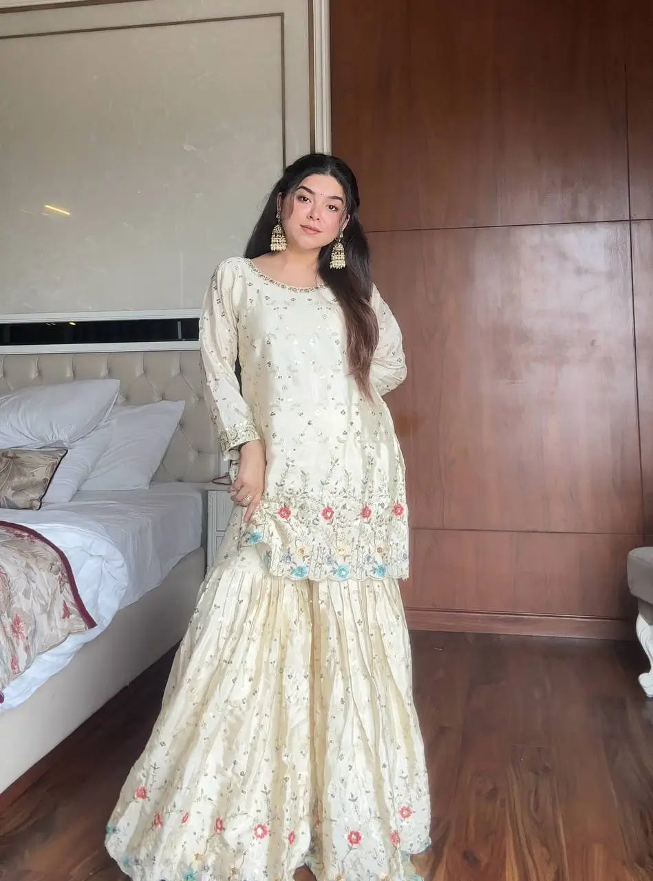 Chinon Embroidered Sharara Suit Set with Dupatta for Festive and Wedding Wear