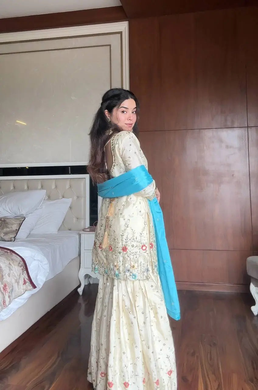 Chinon Embroidered Sharara Suit Set with Dupatta for Festive and Wedding Wear