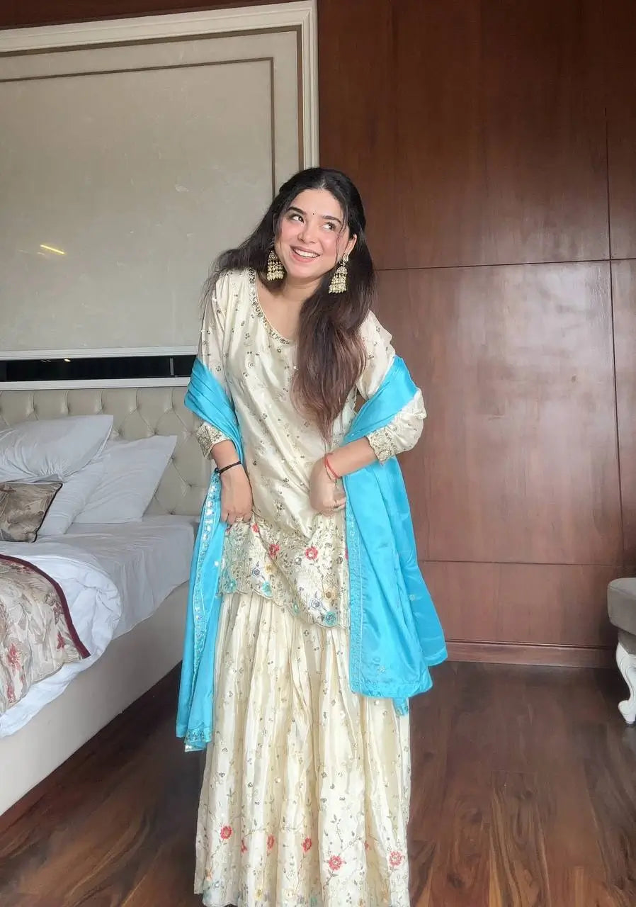 Chinon Embroidered Sharara Suit Set with Dupatta for Festive and Wedding Wear