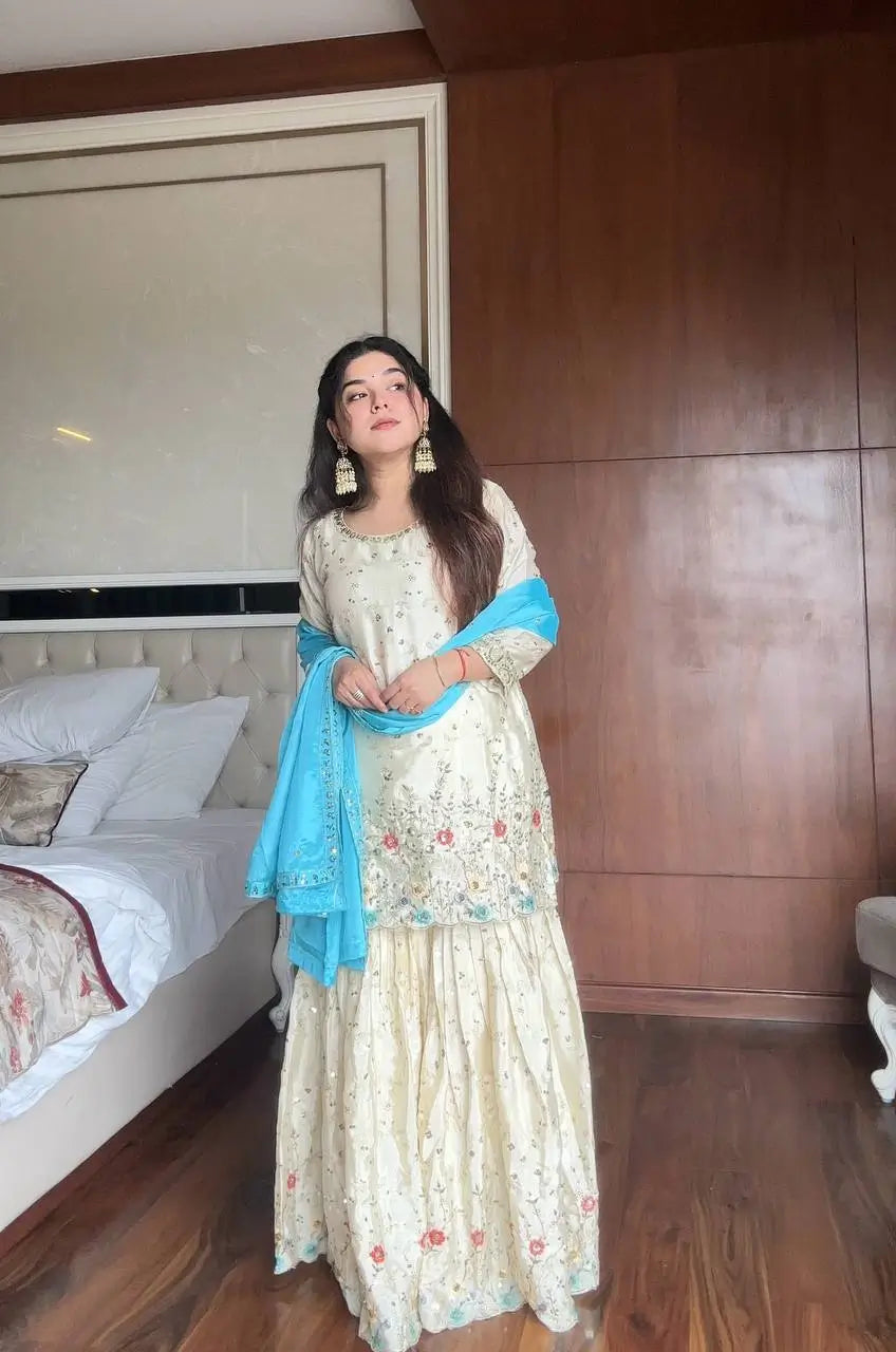 Chinon Embroidered Sharara Suit Set with Dupatta for Festive and Wedding Wear