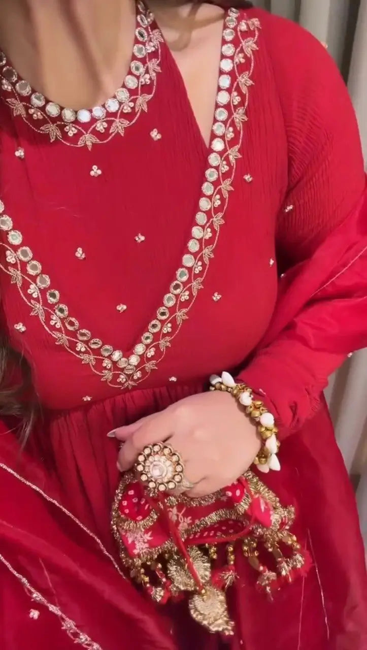 Chinon Silk Anarkali Kurta Palazzo Set with Dupatta for Festive and Daily Wear