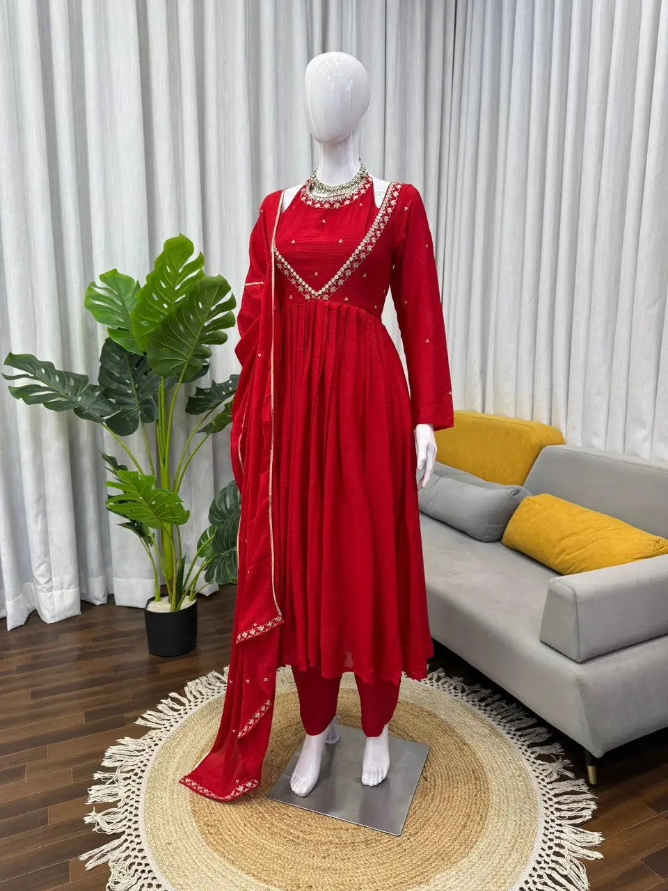 Chinon Silk Anarkali Kurta Palazzo Set with Dupatta for Festive and Daily Wear