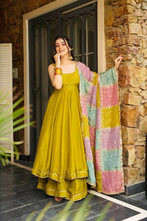 Chinon Silk Anarkali Set with Cotton Dupatta