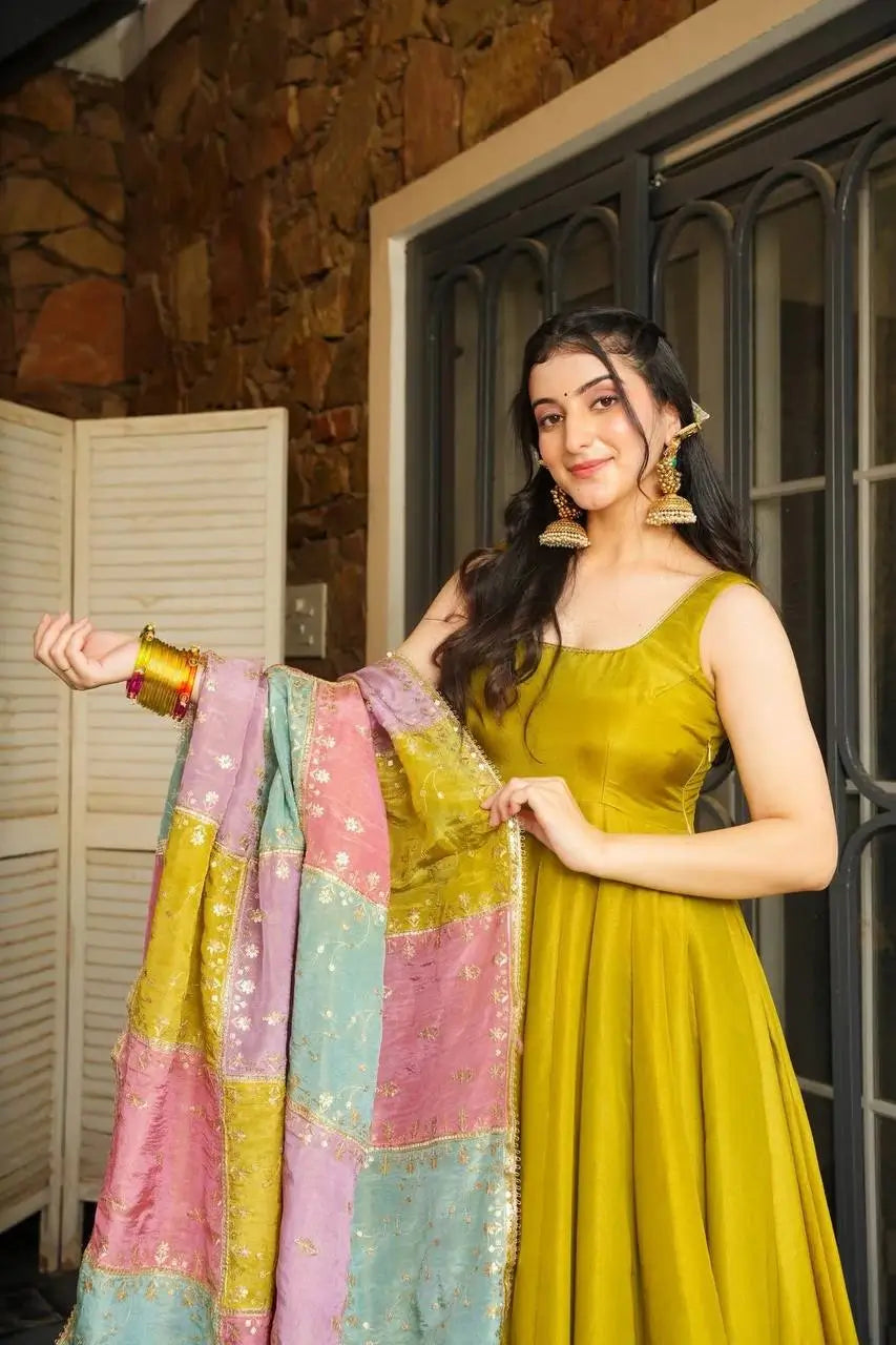 Chinon Silk Anarkali Set with Cotton Dupatta