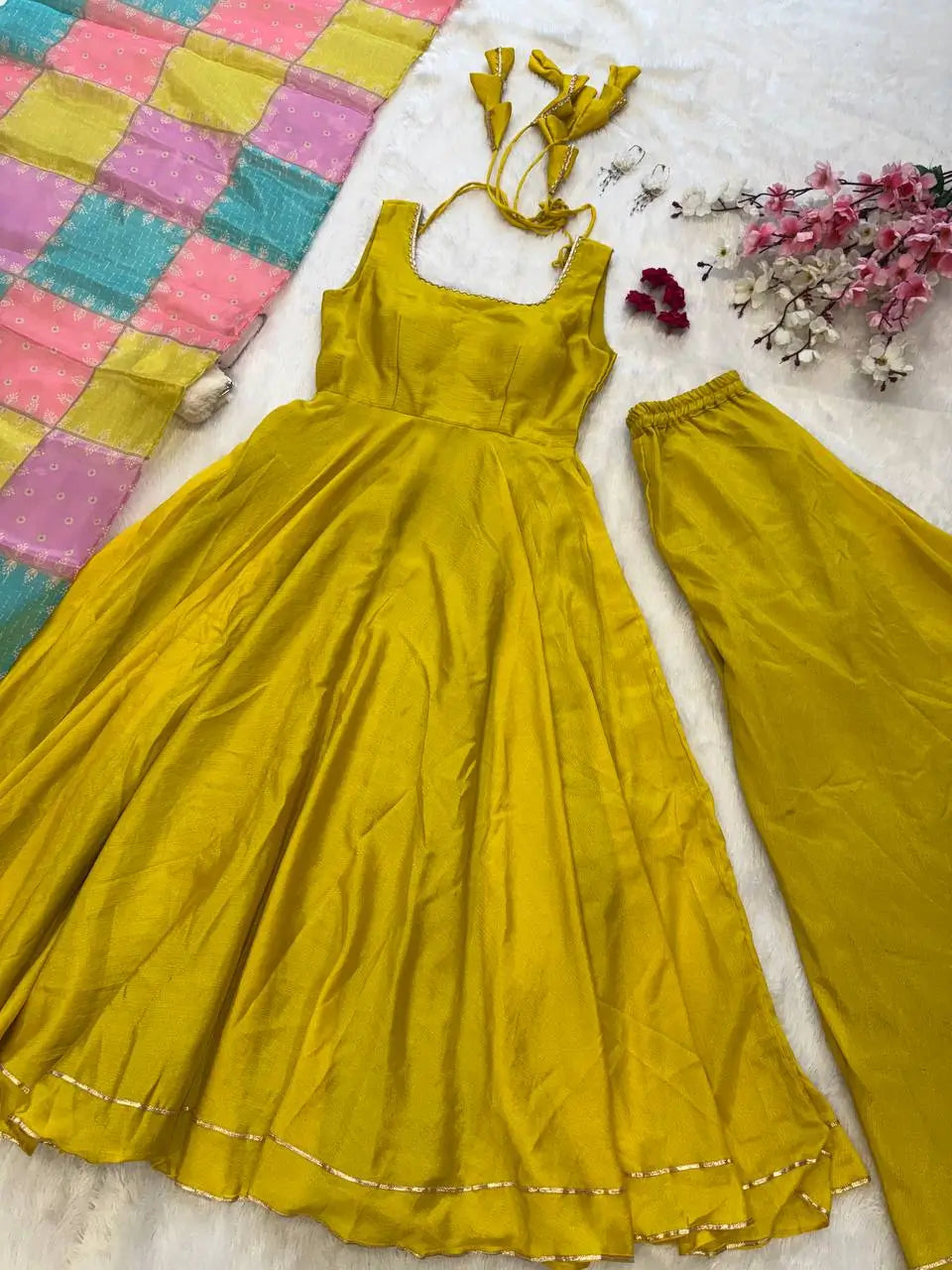 Chinon Silk Anarkali Set with Cotton Dupatta
