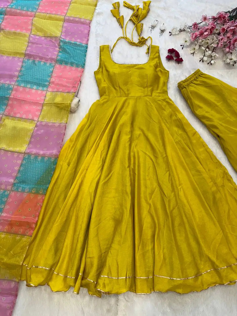 Chinon Silk Anarkali Set with Cotton Dupatta