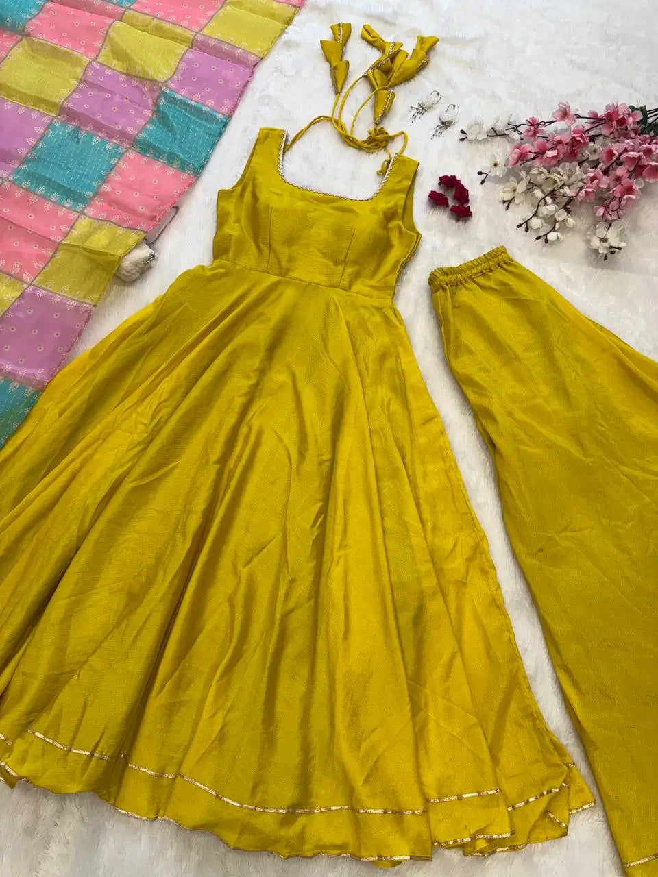 Chinon Silk Anarkali Set with Cotton Dupatta