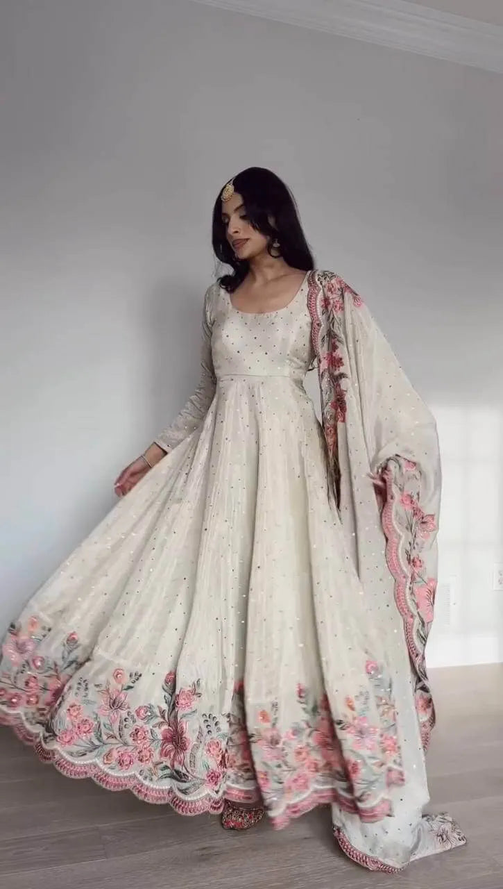 Chinon Silk Anarkali Set with Mukesh & Sequin Work – White & Black