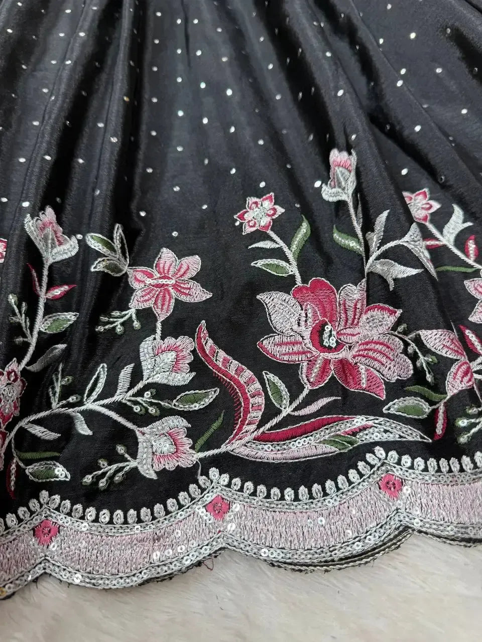 Chinon Silk Anarkali Set with Mukesh & Sequin Work – White & Black