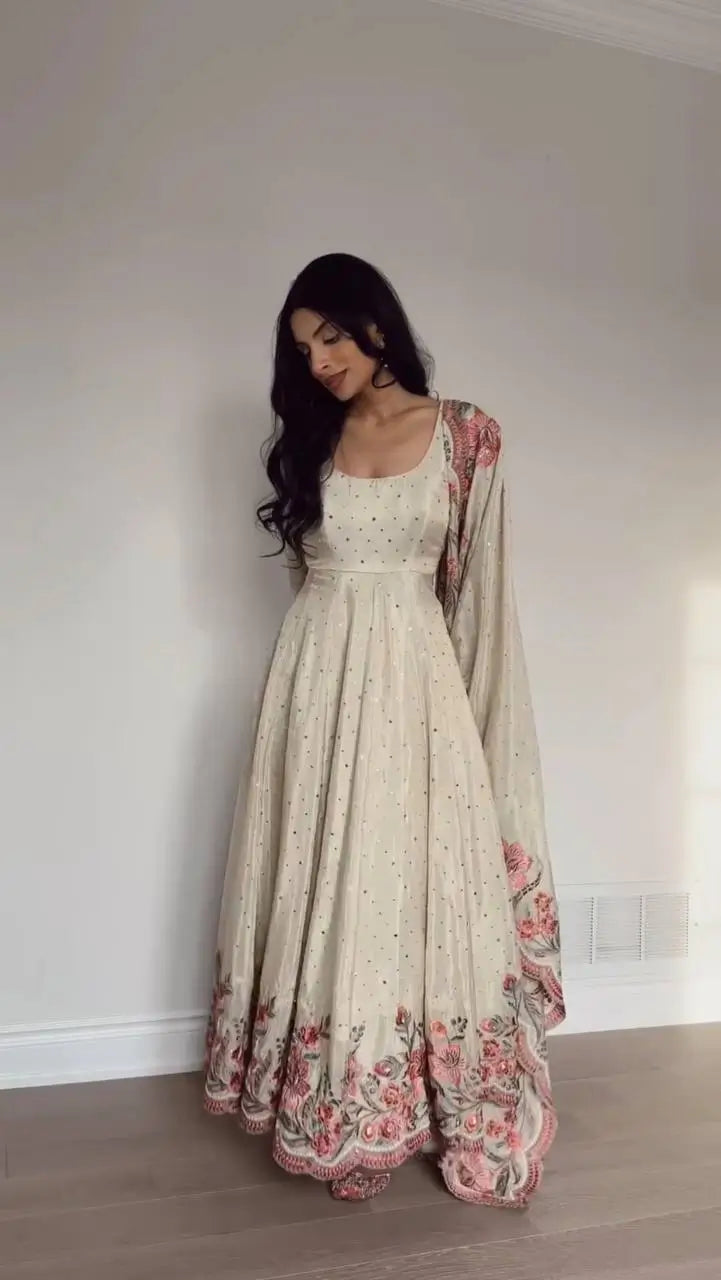 Chinon Silk Anarkali Set with Mukesh & Sequin Work – White & Black