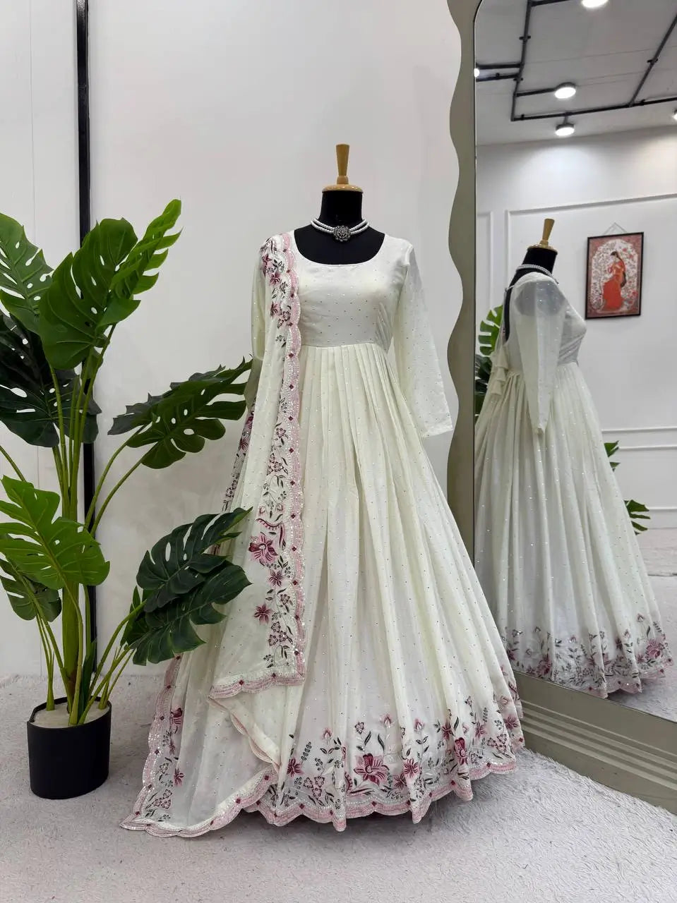 Chinon Silk Anarkali Set with Mukesh & Sequin Work – White & Black