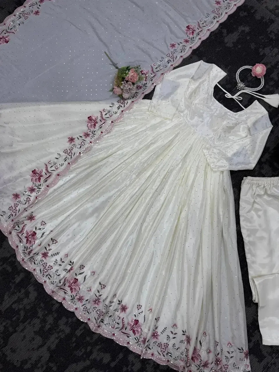 Chinon Silk Anarkali Set with Mukesh & Sequin Work – White & Black