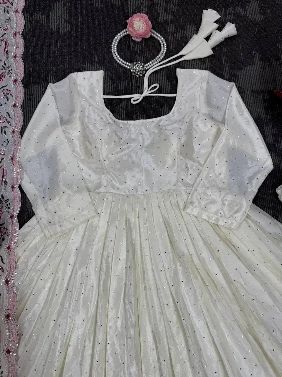 Chinon Silk Anarkali Set with Mukesh & Sequin Work – White & Black