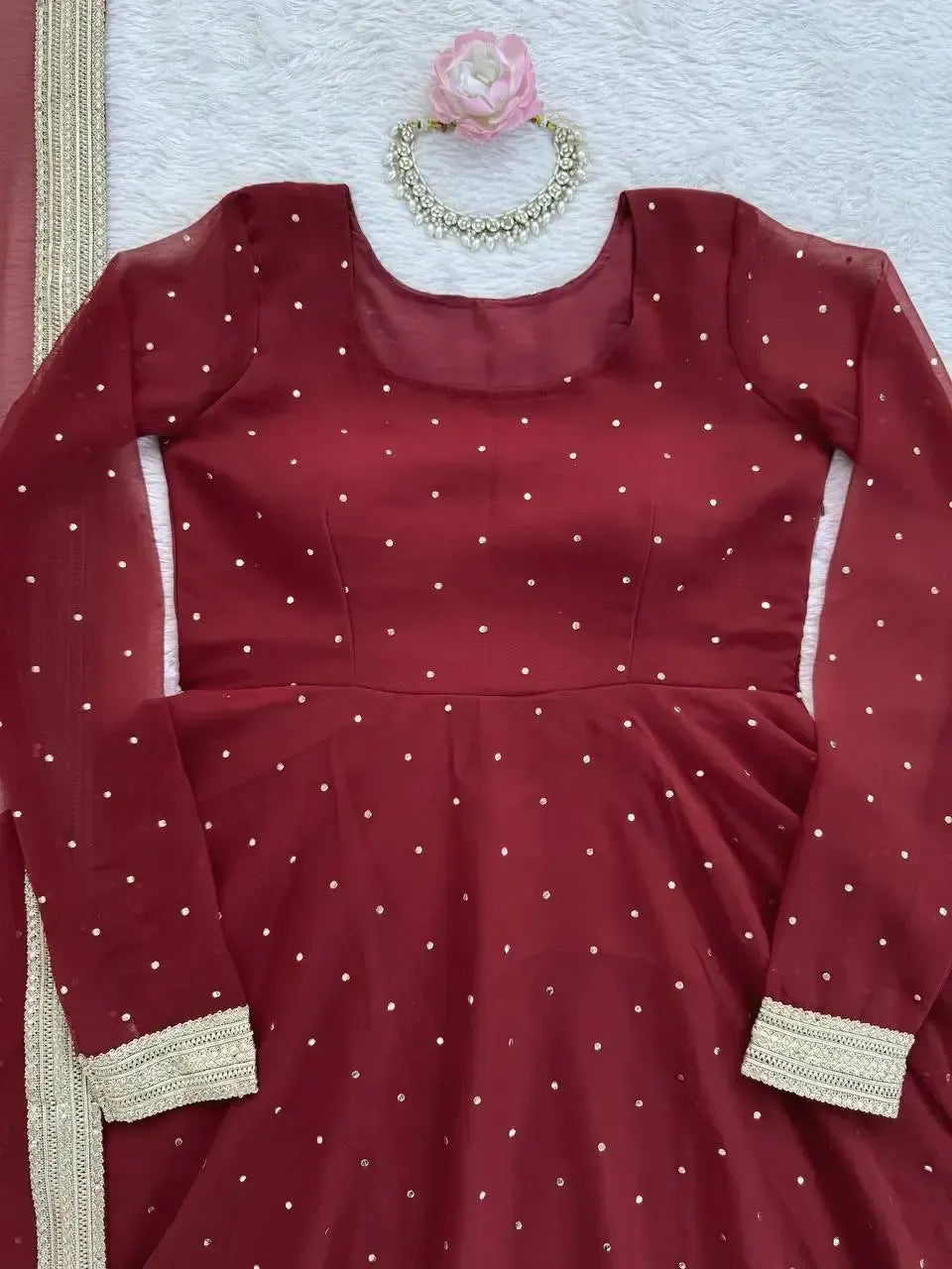 Chinon Silk Anarkali Set with Mukesh & Sequin Work – White & Black