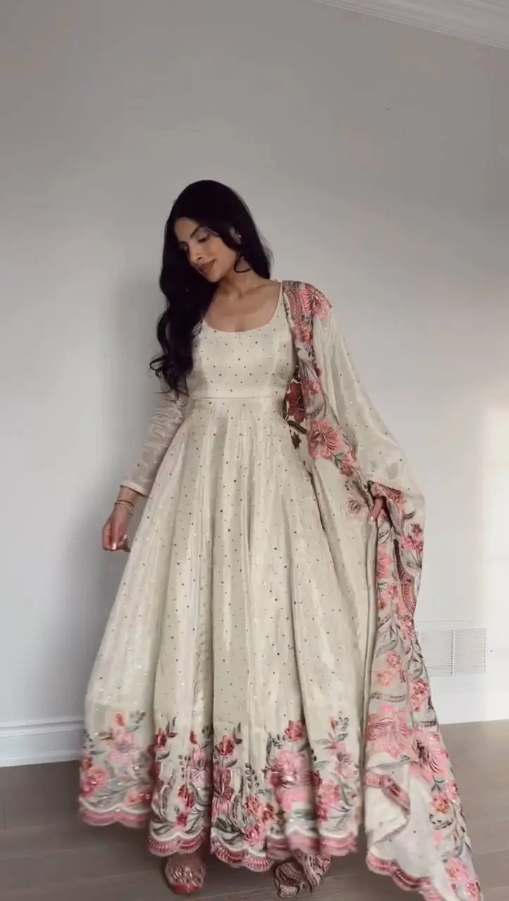 Chinon Silk Anarkali Set with Mukesh & Sequin Work – White & Black