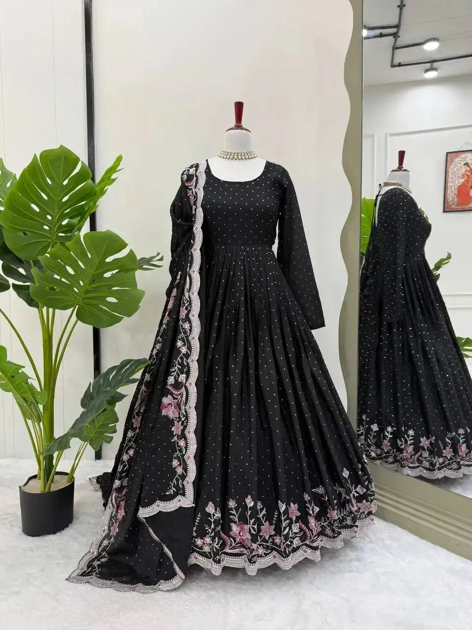 Chinon Silk Anarkali Set with Mukesh & Sequin Work – White & Black