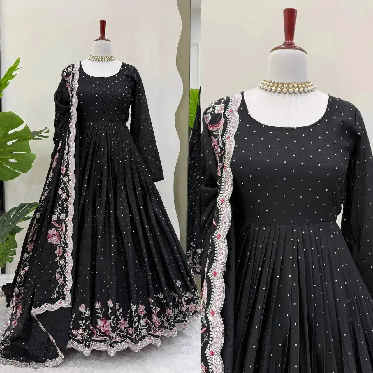 Chinon Silk Anarkali Set with Mukesh & Sequin Work – White & Black