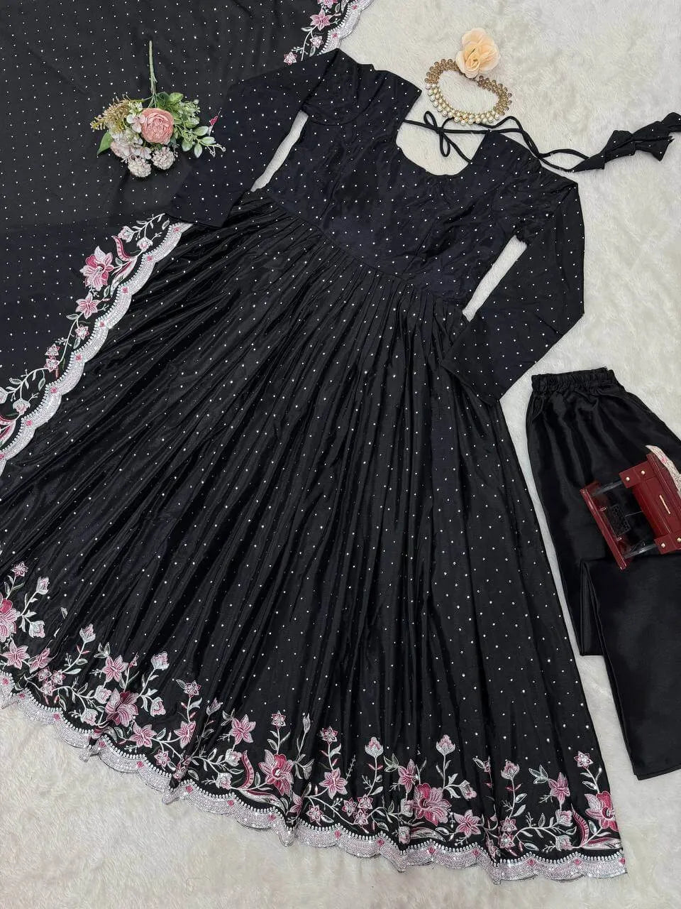 Chinon Silk Anarkali Set with Mukesh & Sequin Work – White & Black