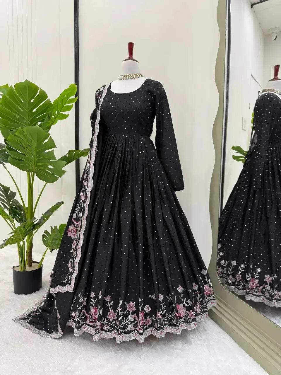 Chinon Silk Anarkali Set with Mukesh & Sequin Work – White & Black