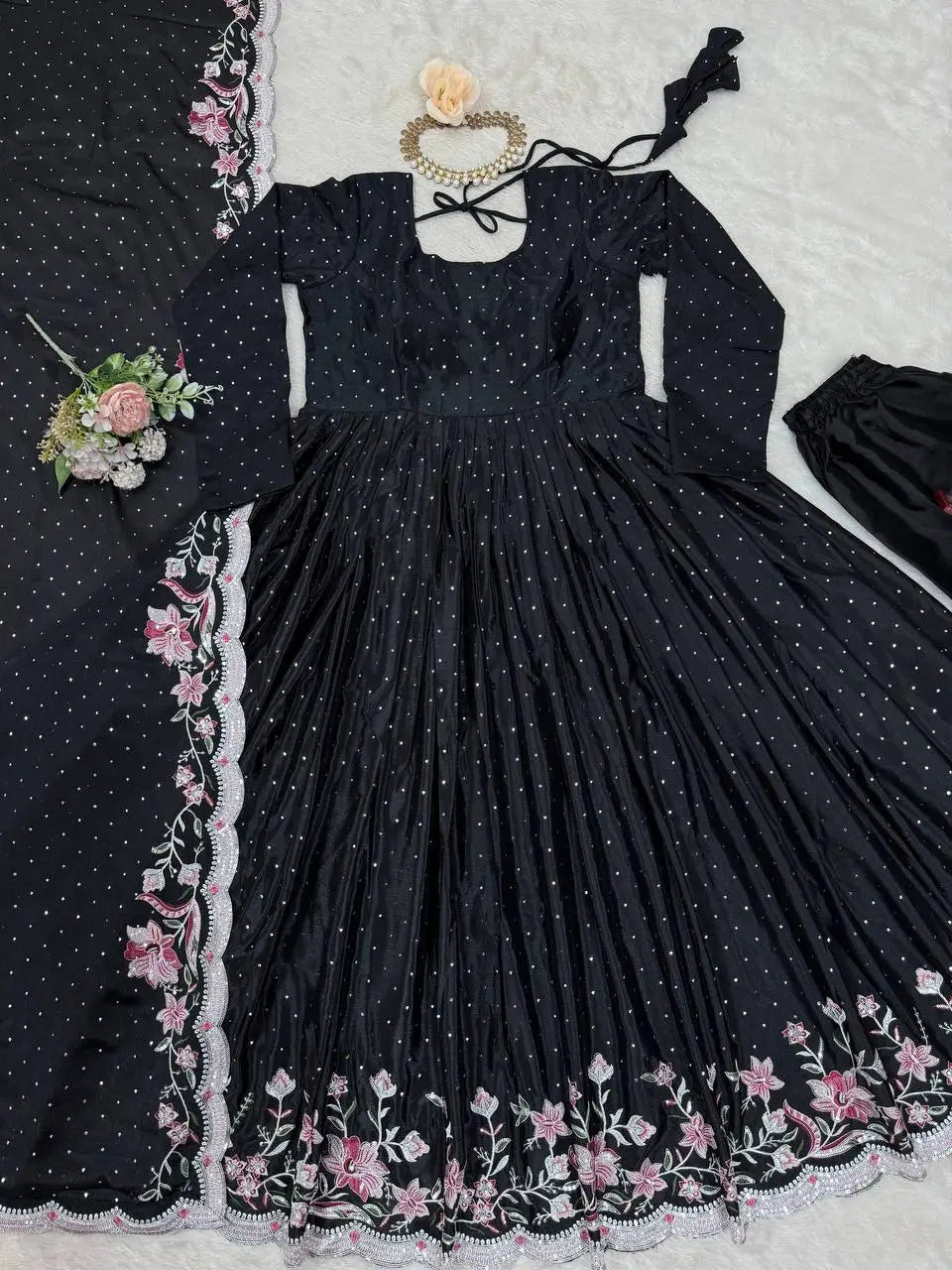 Chinon Silk Anarkali Set with Mukesh & Sequin Work – White & Black