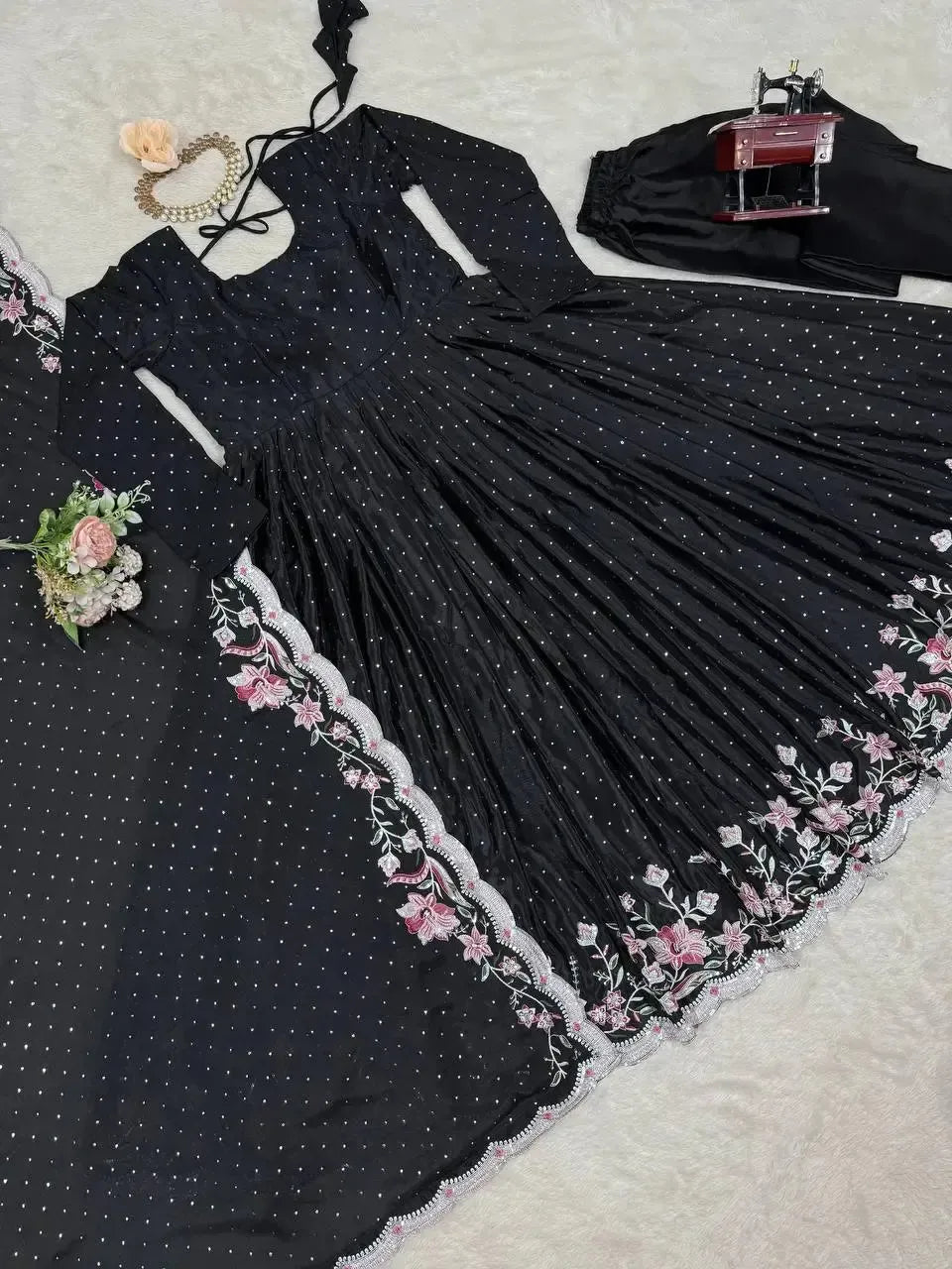 Chinon Silk Anarkali Set with Mukesh & Sequin Work – White & Black