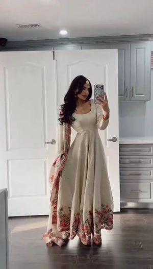 Chinon Silk Anarkali Set with Mukesh & Sequin Work – White & Black