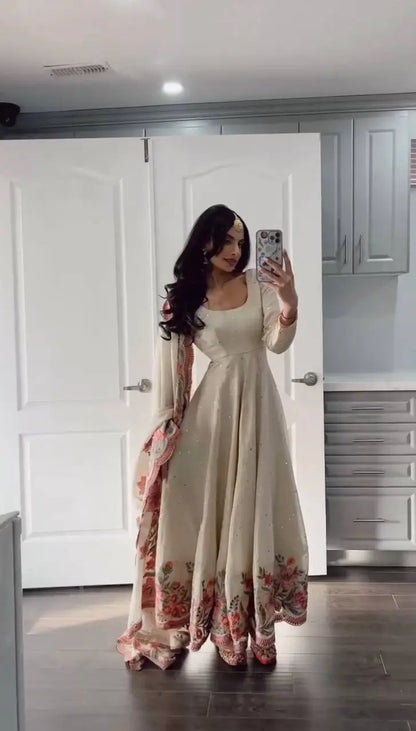 Chinon Silk Anarkali Set with Mukesh & Sequin Work – White & Black