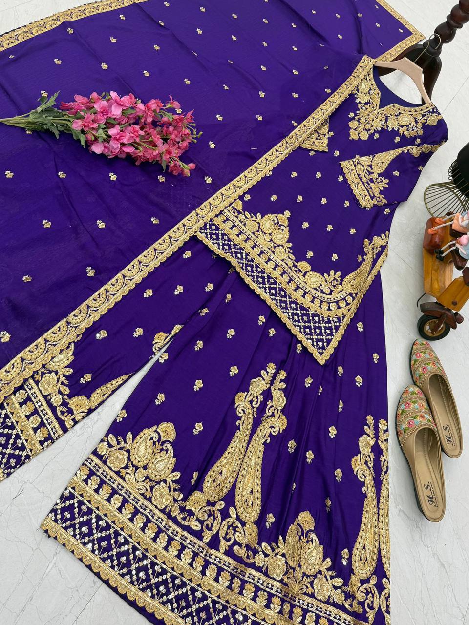 Chinon Silk Cording Embroidery Sharara Set
