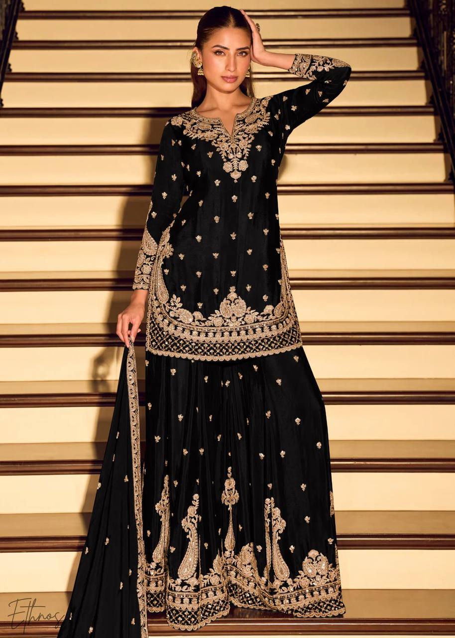 Chinon Silk Cording Embroidery Sharara Set