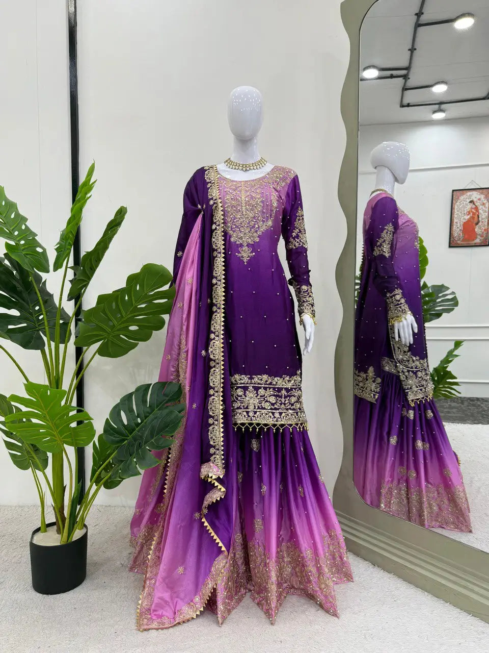 Chinon Silk Cording and Sequin Embroidered Sharara Suit