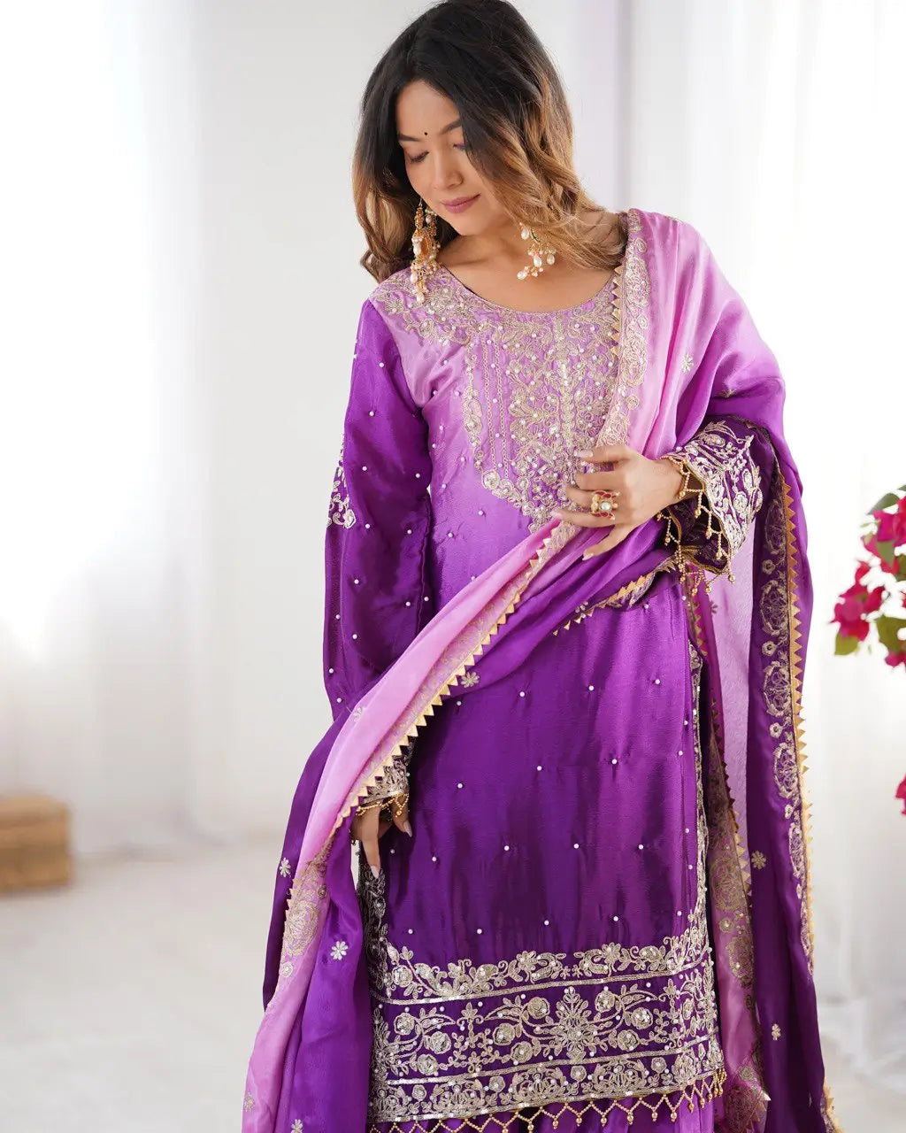 Chinon Silk Cording and Sequin Embroidered Sharara Suit