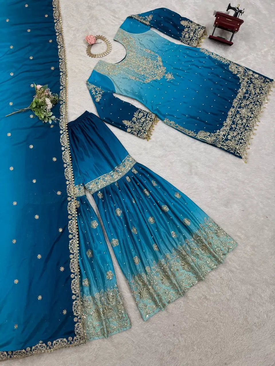 Chinon Silk Cording and Sequin Embroidered Sharara Suit