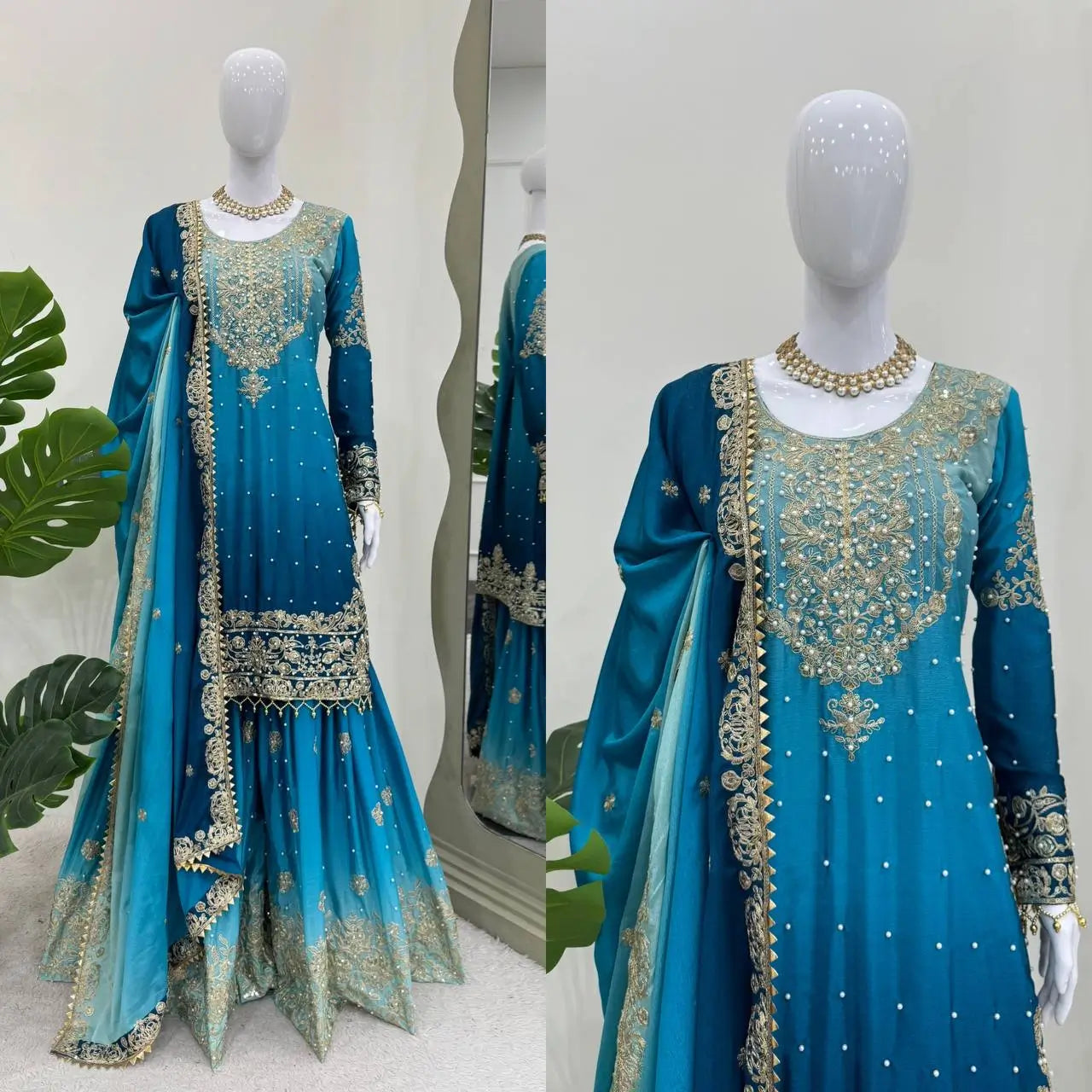 Chinon Silk Cording and Sequin Embroidered Sharara Suit