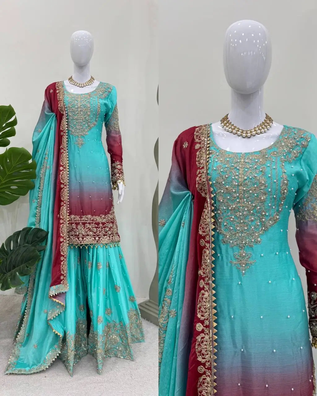 Chinon Silk Cording and Sequin Embroidered Sharara Suit