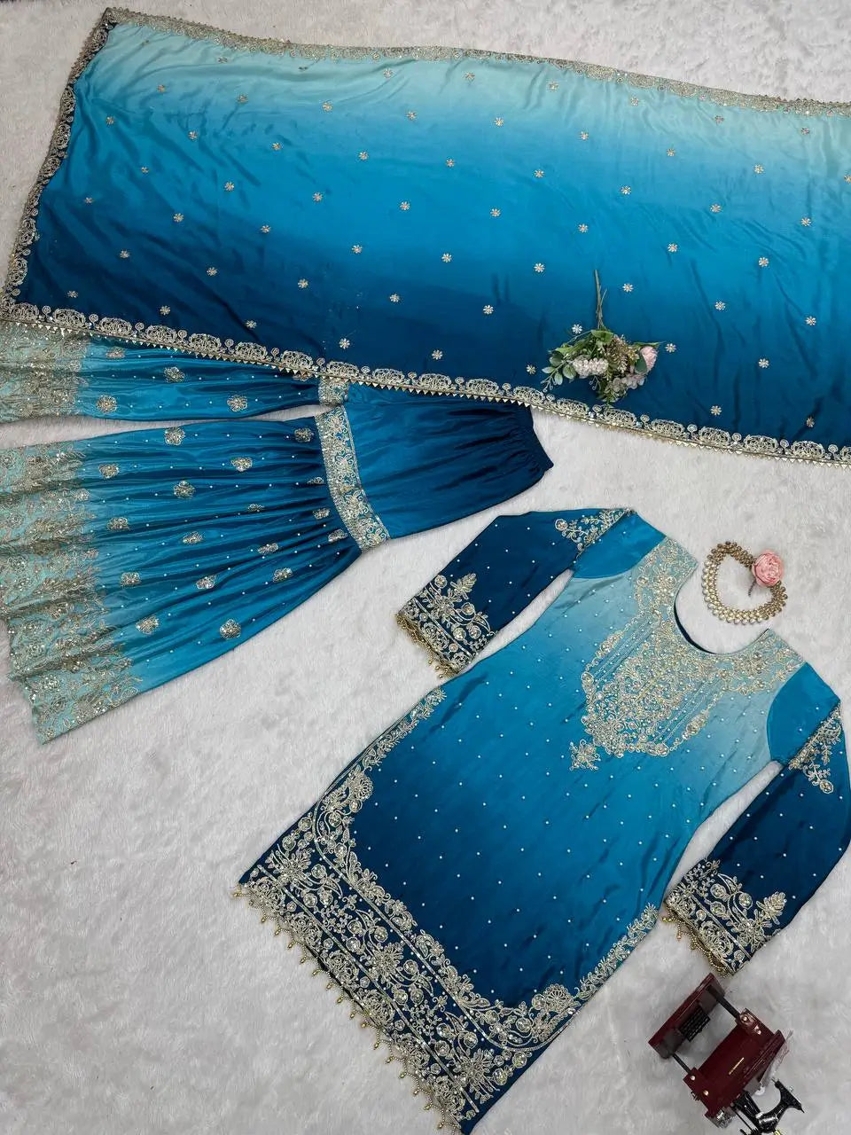 Chinon Silk Cording and Sequin Embroidered Sharara Suit