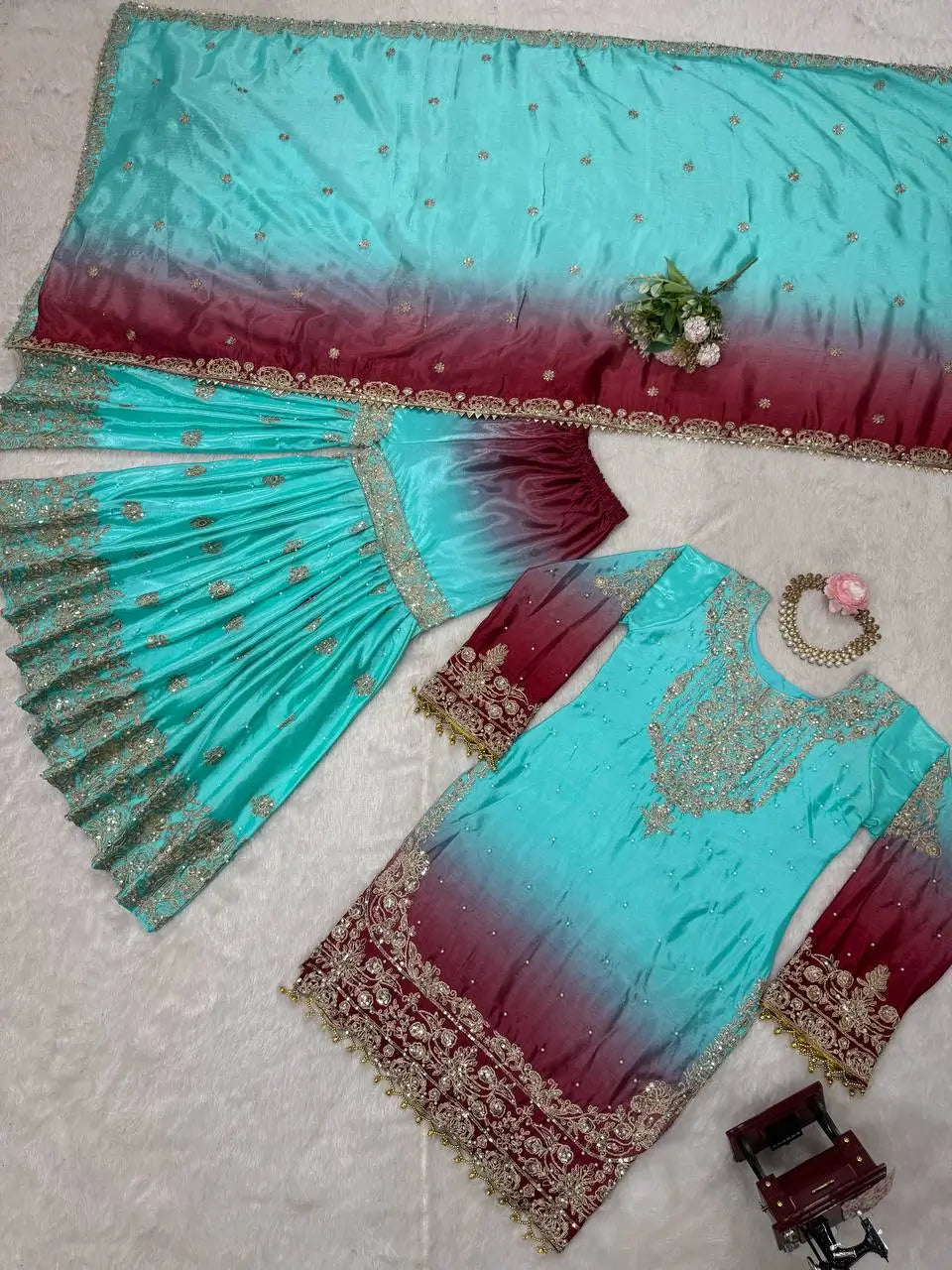 Chinon Silk Cording and Sequin Embroidered Sharara Suit