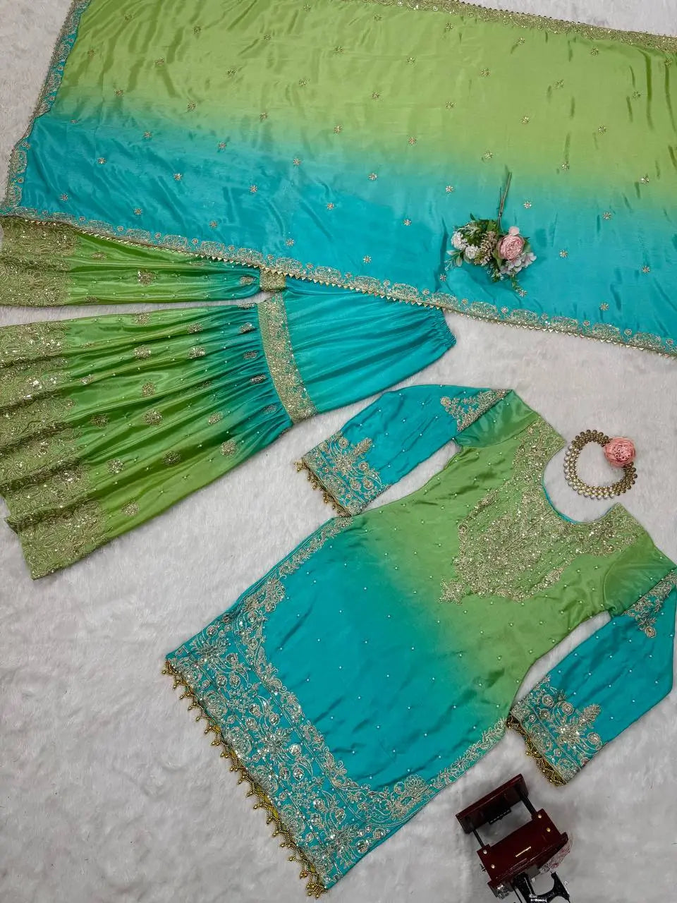 Chinon Silk Cording and Sequin Embroidered Sharara Suit